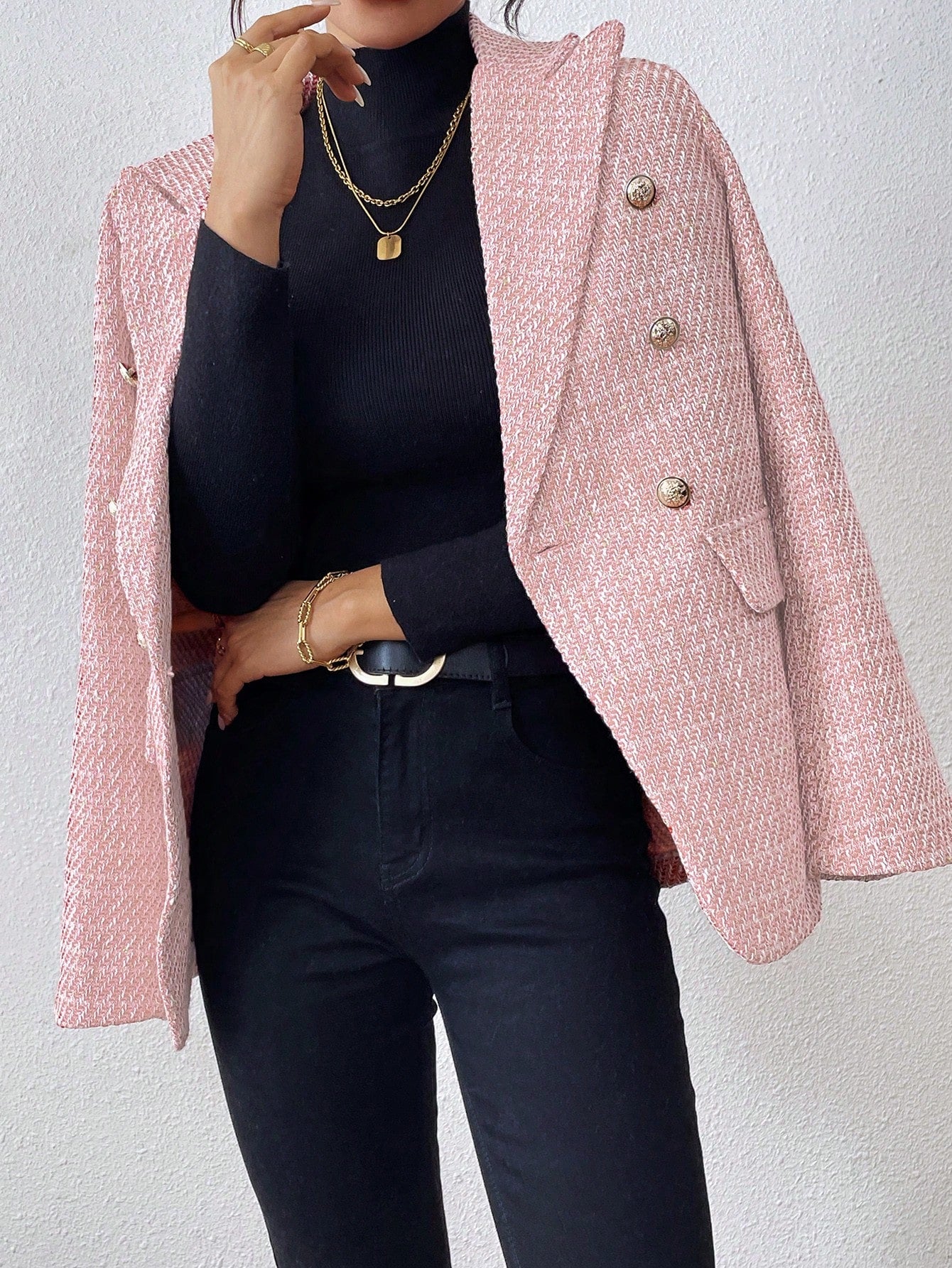 SHEIN Clasi Plain Color Double Breasted Elegant Long Sleeve Suit Jacket Baby Pink