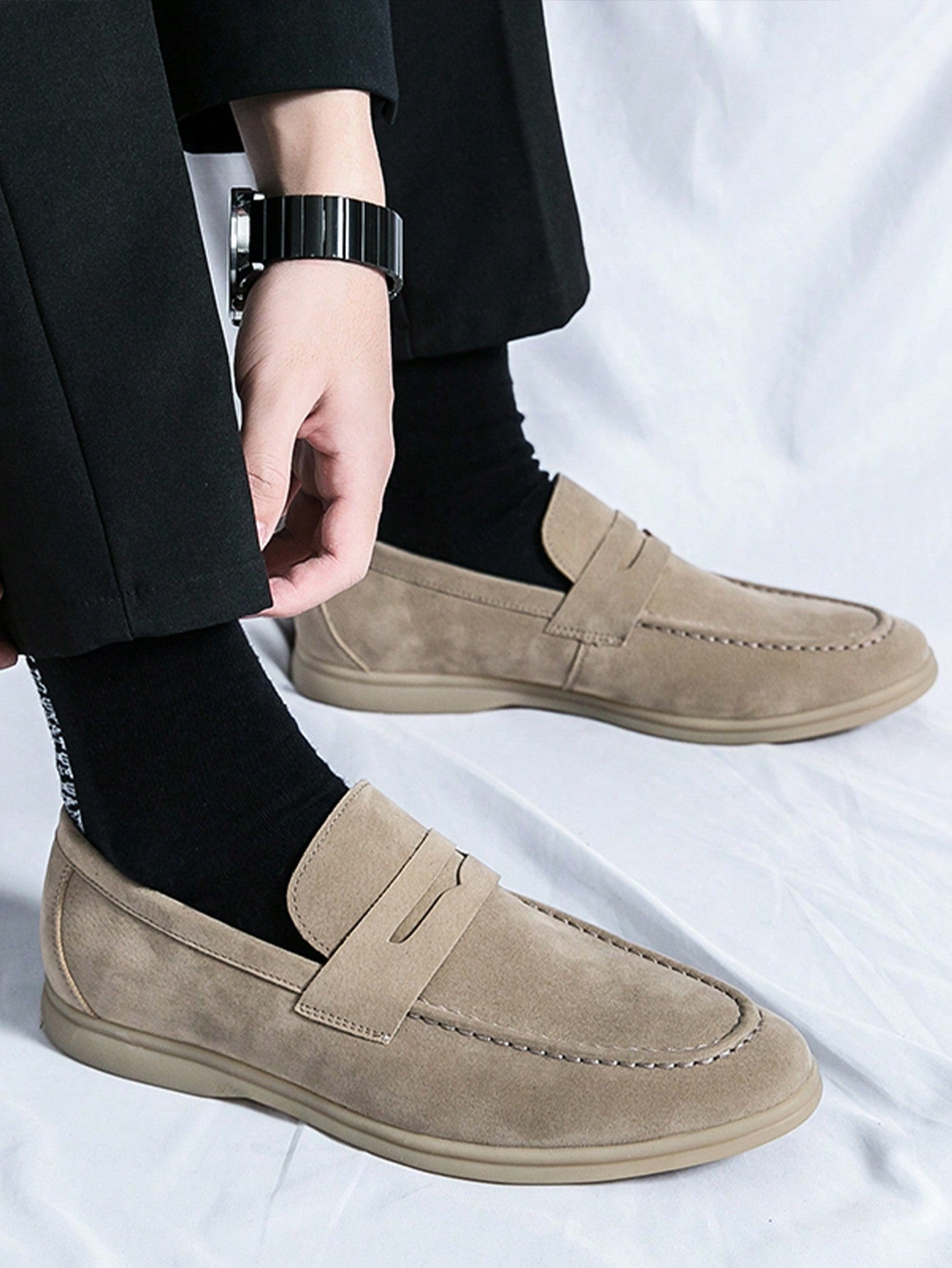 Men's Luxury Penny Loafer Leather Shoes, Solid Color Faux Suede Casual Oxford, Soft & Breathable, Versatile For Business, Party, Wedding, Spring/Summer/Autumn Beige