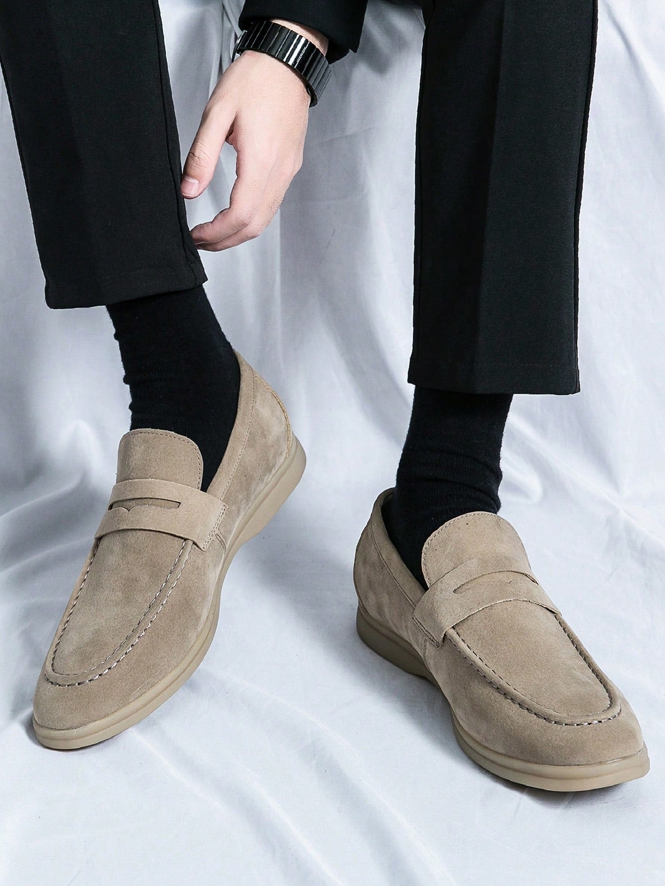 Men's Luxury Penny Loafer Leather Shoes, Solid Color Faux Suede Casual Oxford, Soft & Breathable, Versatile For Business, Party, Wedding, Spring/Summer/Autumn Beige