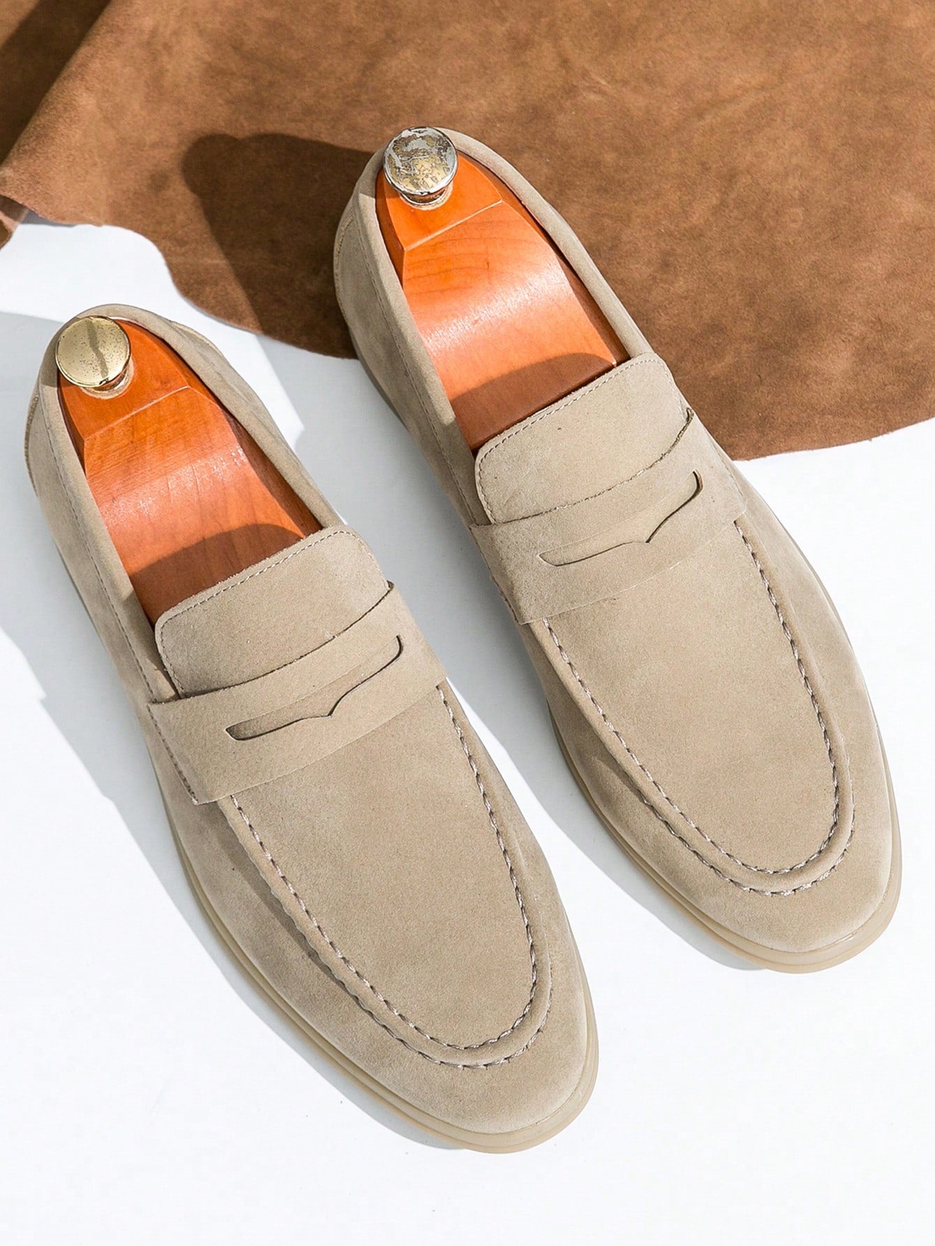 Men's Luxury Penny Loafer Leather Shoes, Solid Color Faux Suede Casual Oxford, Soft & Breathable, Versatile For Business, Party, Wedding, Spring/Summer/Autumn Beige