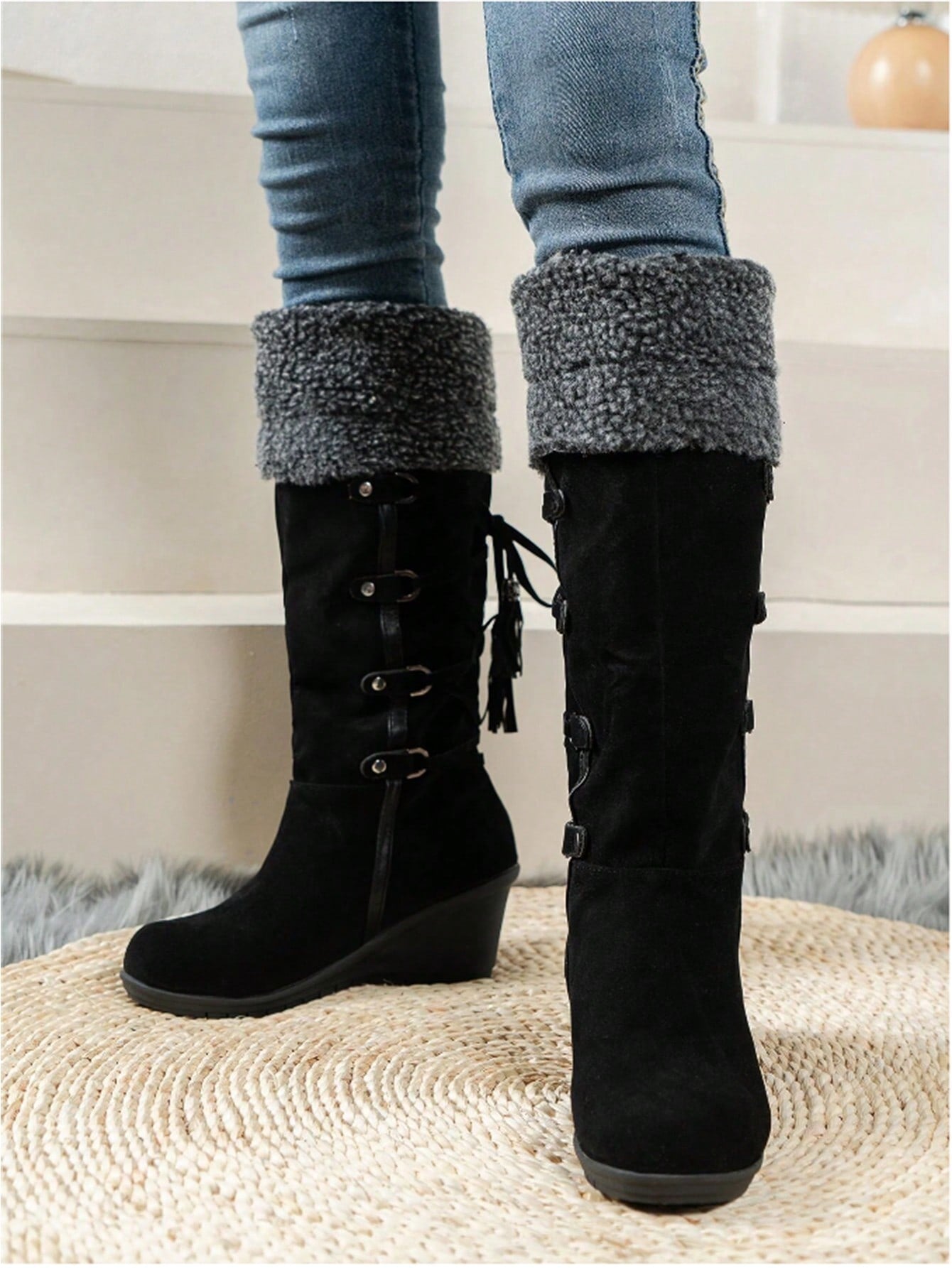 Fashionable Cross-Tied Fringe Rivet Decor Faux Fleece Platform Boots, Faux Shearling Black Winter Snow Boots Black