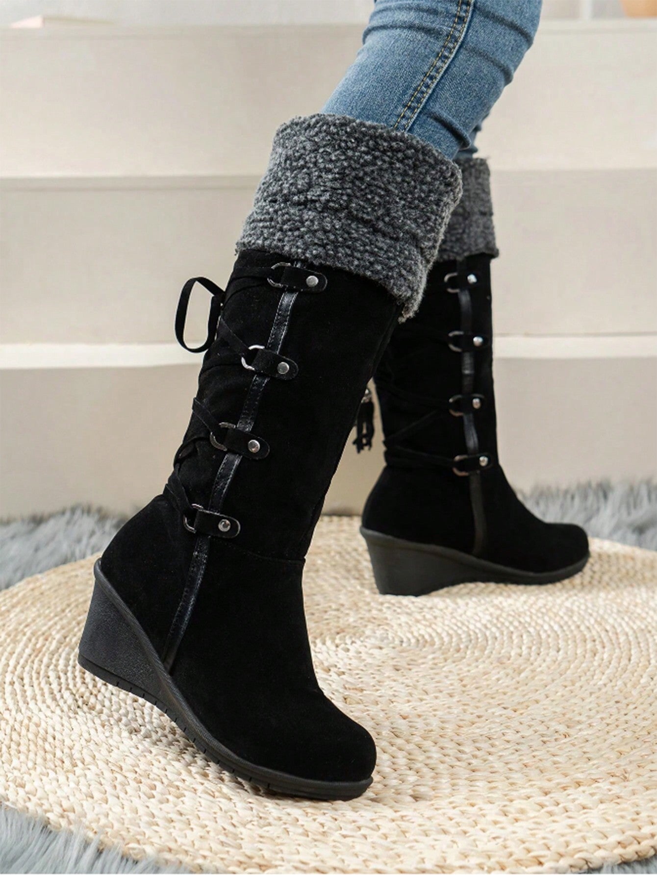 Fashionable Cross-Tied Fringe Rivet Decor Faux Fleece Platform Boots, Faux Shearling Black Winter Snow Boots Black
