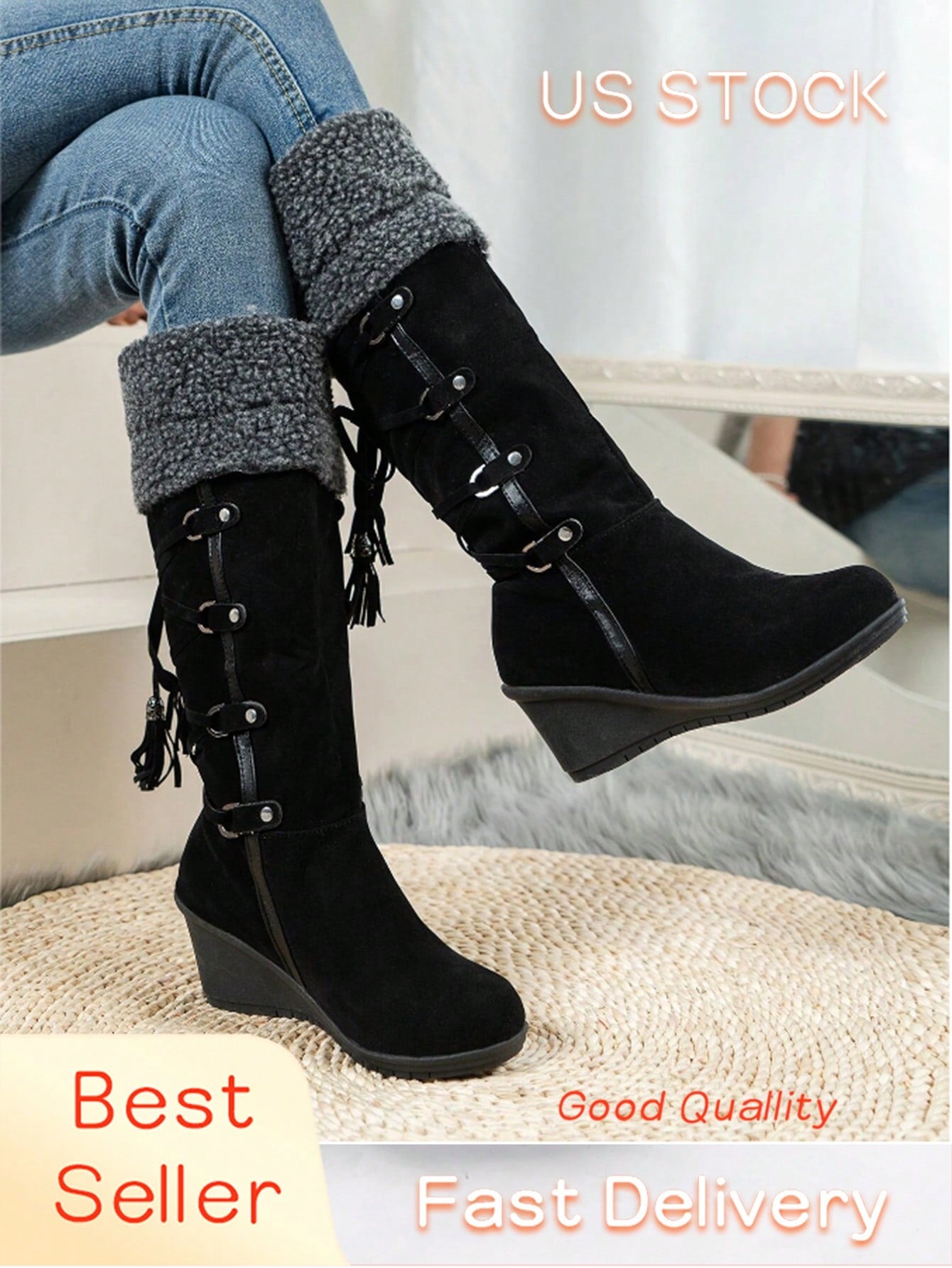 Fashionable Cross-Tied Fringe Rivet Decor Faux Fleece Platform Boots, Faux Shearling Black Winter Snow Boots Black
