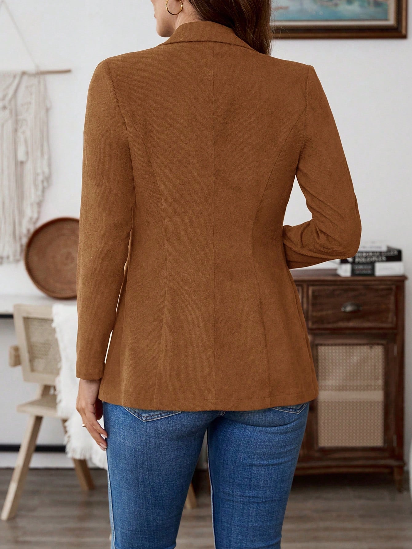 EMERY ROSE Women's Solid Color Lapel Neck Long Sleeve Single Breasted Casual Blazer Jacket, Autumn Brown