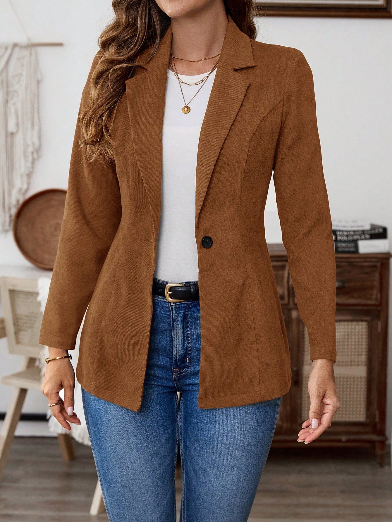 EMERY ROSE Women's Solid Color Lapel Neck Long Sleeve Single Breasted Casual Blazer Jacket, Autumn Brown
