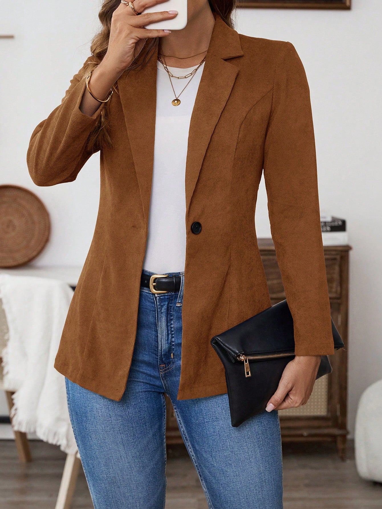 EMERY ROSE Women's Solid Color Lapel Neck Long Sleeve Single Breasted Casual Blazer Jacket, Autumn Brown