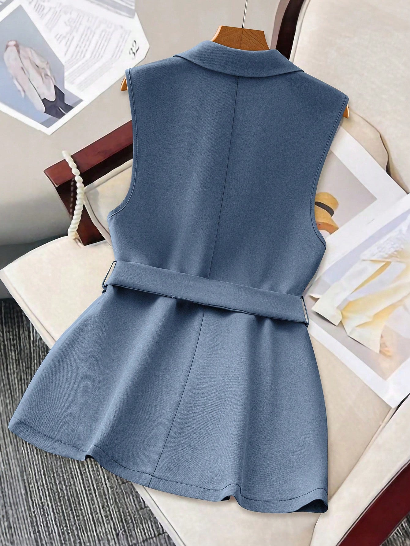 SHEIN Clasi Women's Solid Color Lapel Sleeveless Casual Blazer Jacket, Autumn Dusty Blue