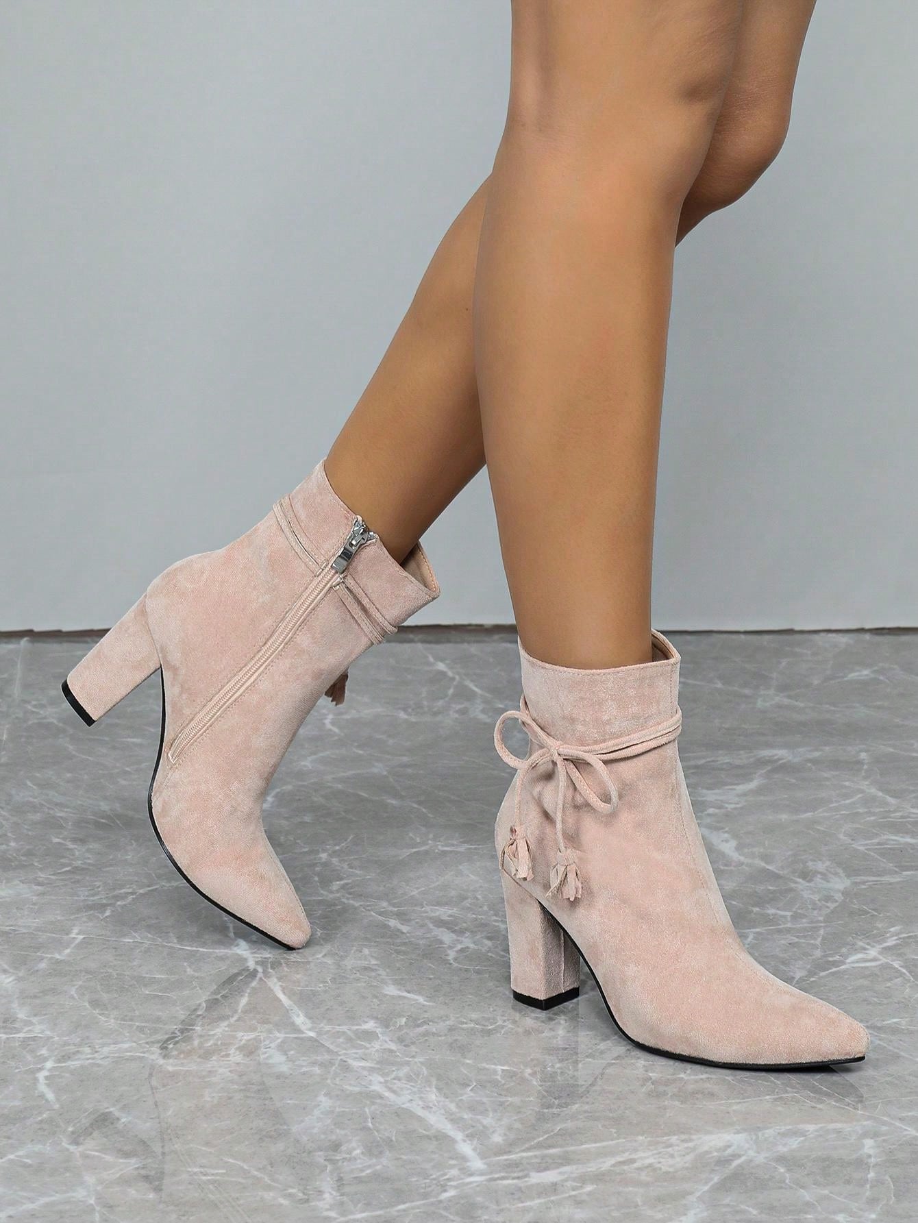 Pointed Toe Chunky Heel, Bow Tie Strap Ankle Boots, Elegant Fashion Party & Daily Wear Comfortable Women Boots Pink