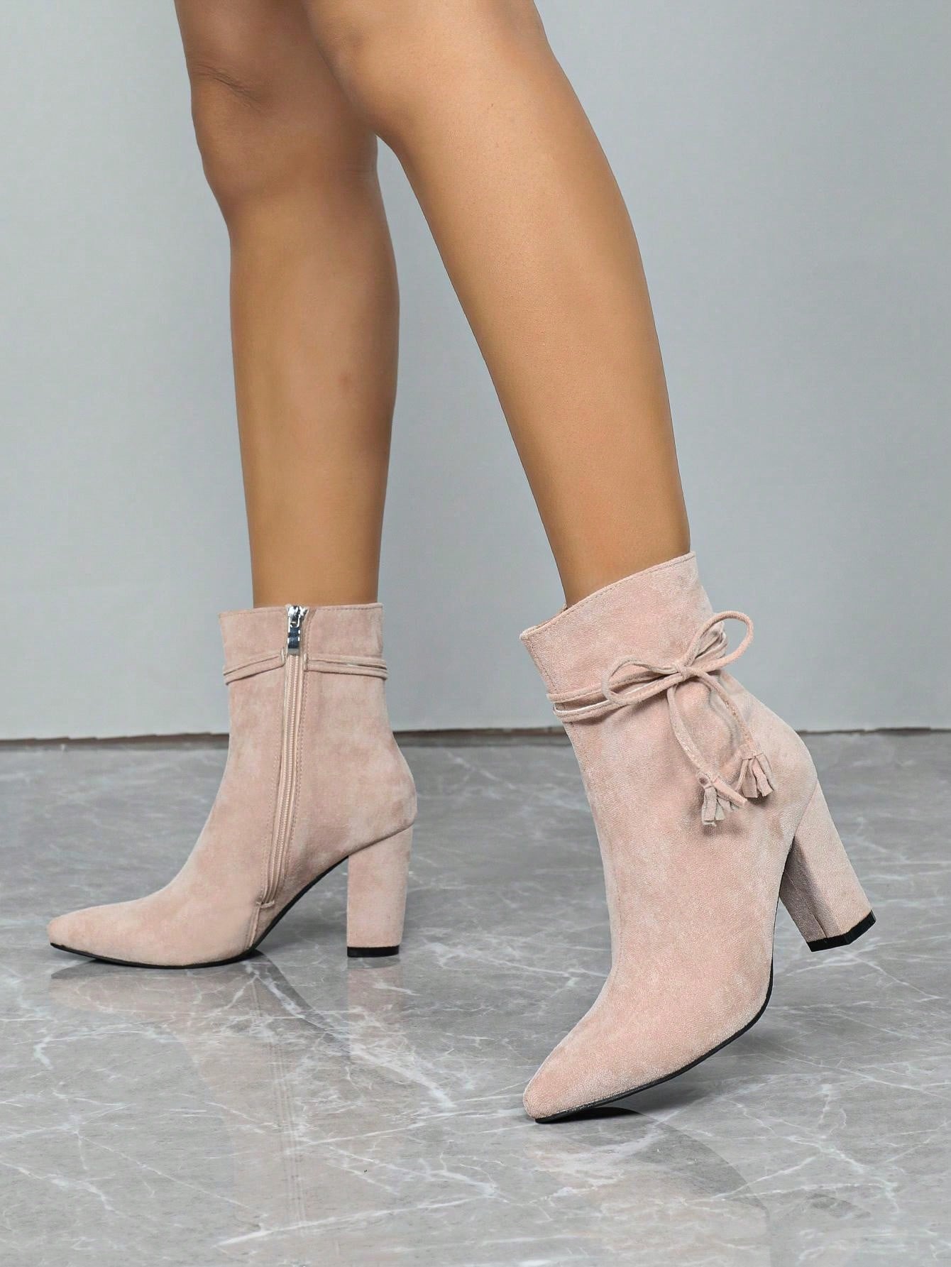 Pointed Toe Chunky Heel, Bow Tie Strap Ankle Boots, Elegant Fashion Party & Daily Wear Comfortable Women Boots Pink