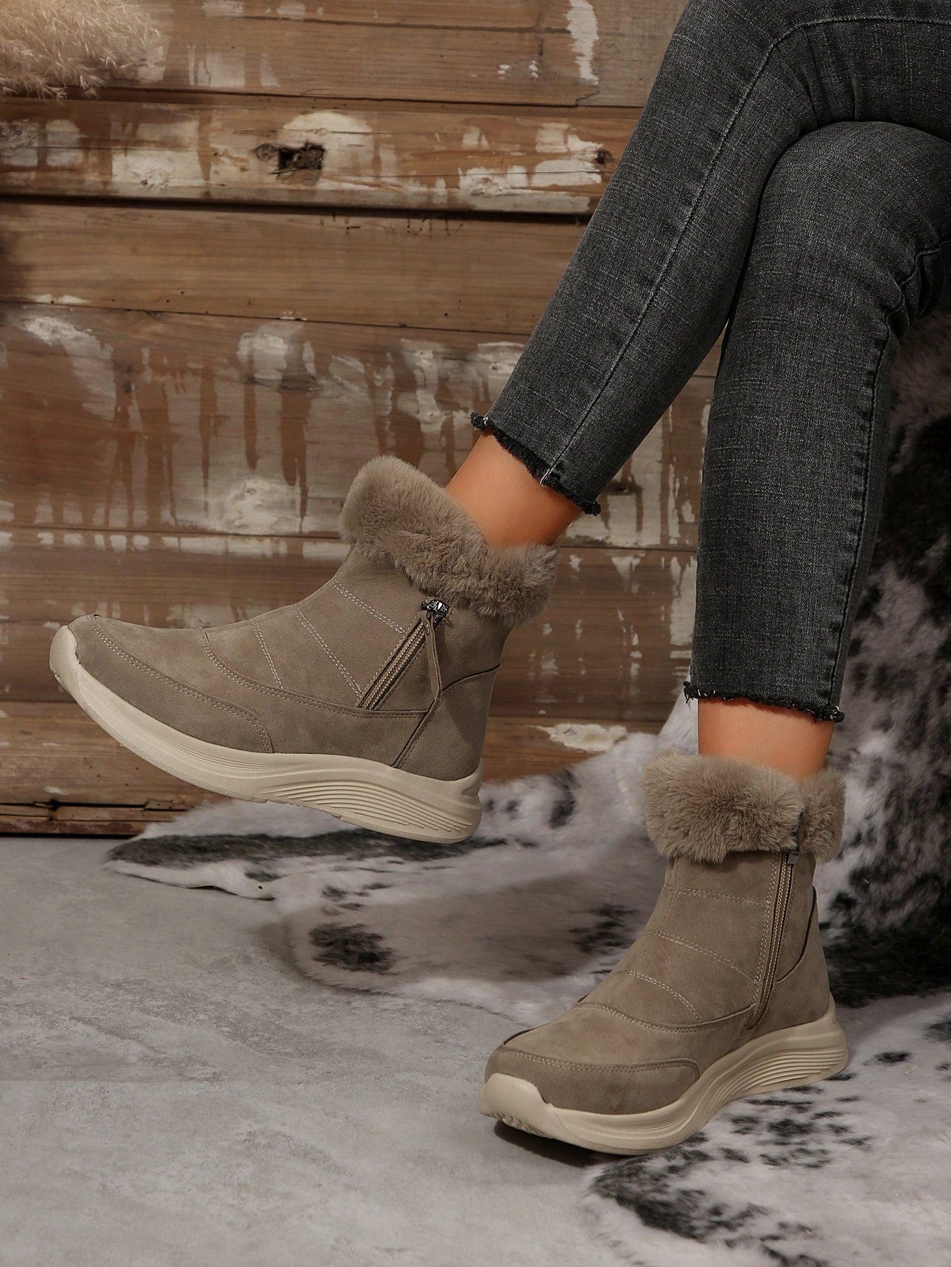 Women's Buckle Comfortable Soft Snow Boots Round Toe Lace-Up Anti-Slip Flat Boots, New Brown Winter Casual Warm Plush Ankle Boots Brown
