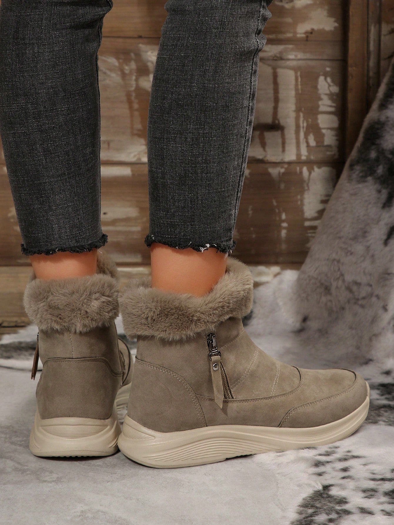 Women's Buckle Comfortable Soft Snow Boots Round Toe Lace-Up Anti-Slip Flat Boots, New Brown Winter Casual Warm Plush Ankle Boots Brown