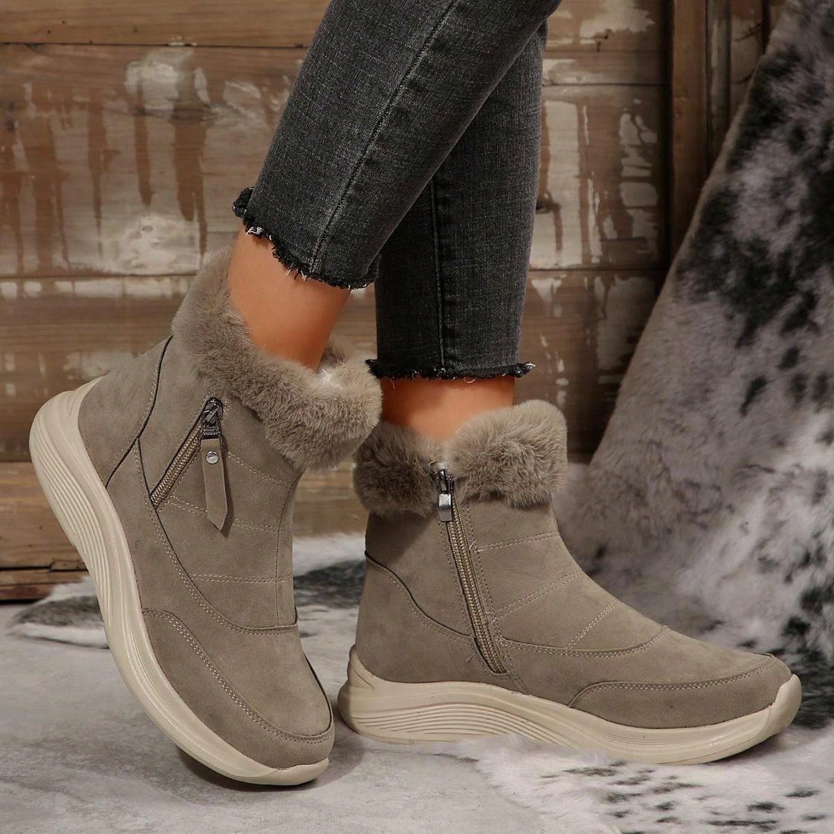 Women's Buckle Comfortable Soft Snow Boots Round Toe Lace-Up Anti-Slip Flat Boots, New Brown Winter Casual Warm Plush Ankle Boots Brown