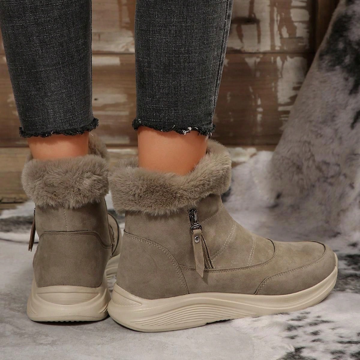 Women's Buckle Comfortable Soft Snow Boots Round Toe Lace-Up Anti-Slip Flat Boots, New Brown Winter Casual Warm Plush Ankle Boots Brown