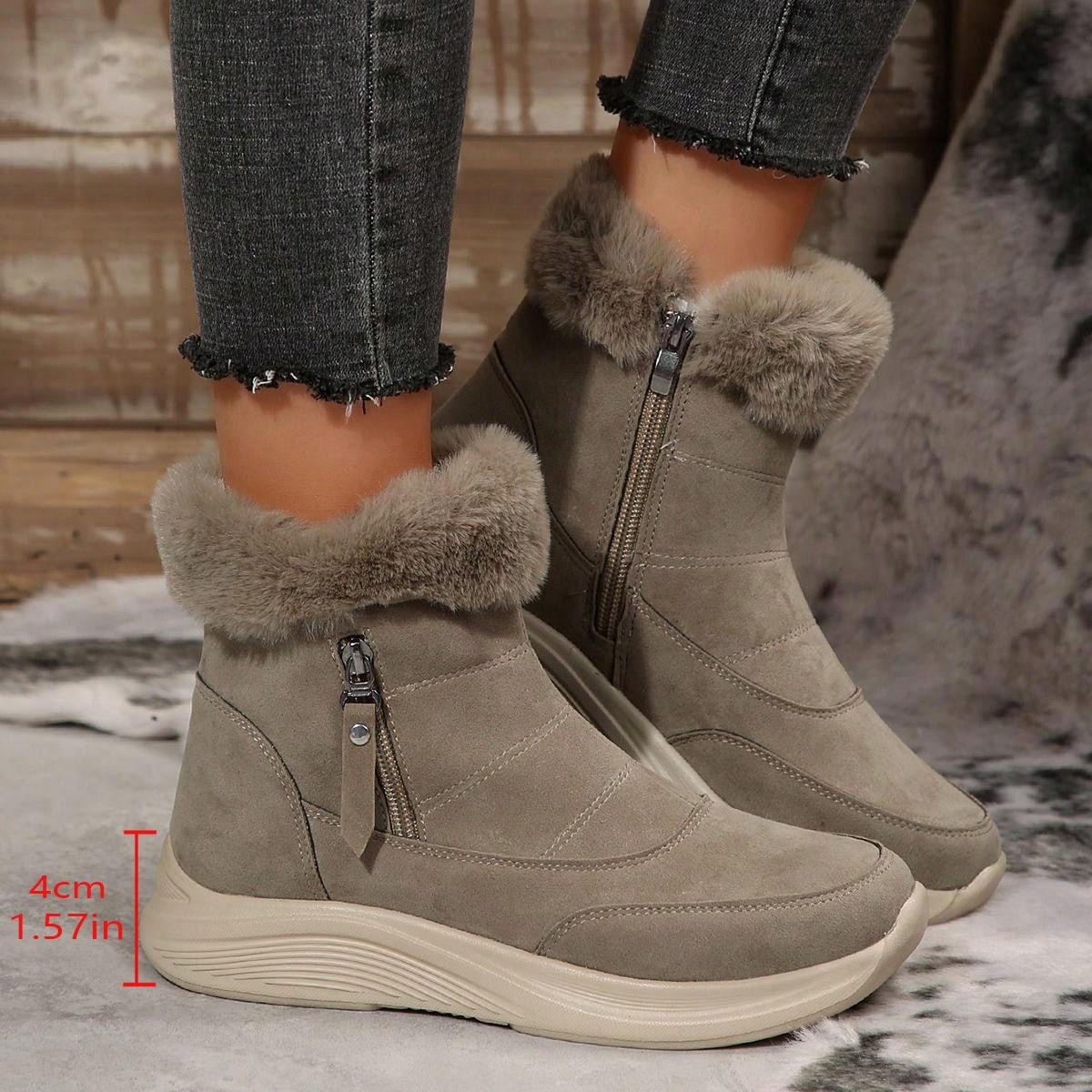 Women's Buckle Comfortable Soft Snow Boots Round Toe Lace-Up Anti-Slip Flat Boots, New Brown Winter Casual Warm Plush Ankle Boots Brown