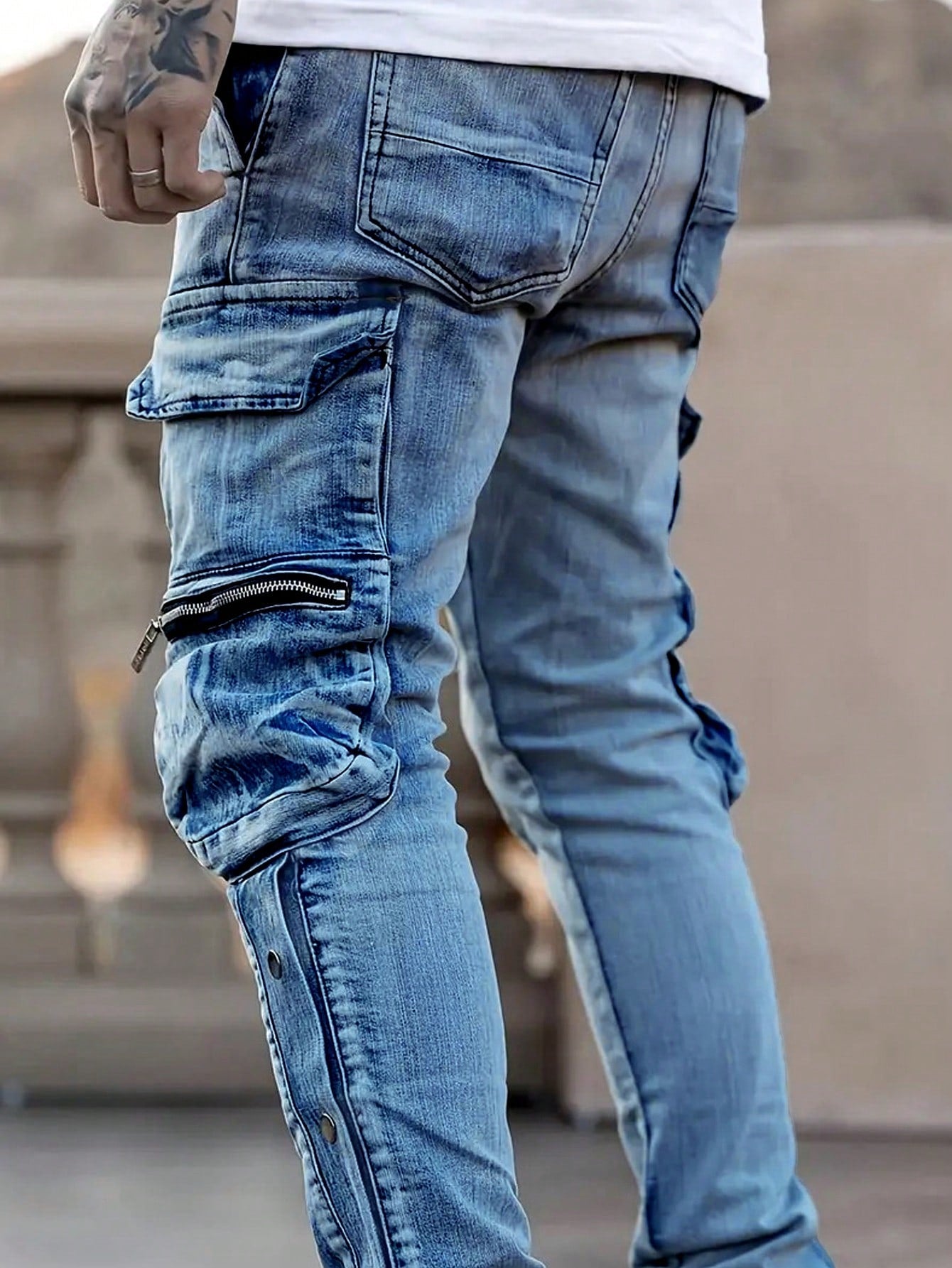 Men's Casual Multi-Pocket Denim Pants, Fashionable And Simple Daily Wear Light Wash
