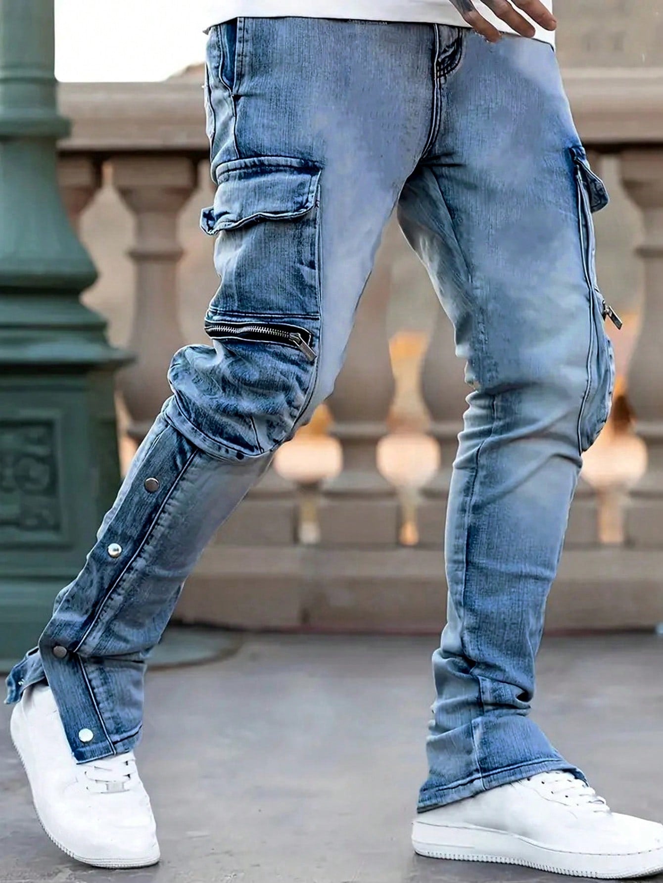 Men's Casual Multi-Pocket Denim Pants, Fashionable And Simple Daily Wear Light Wash