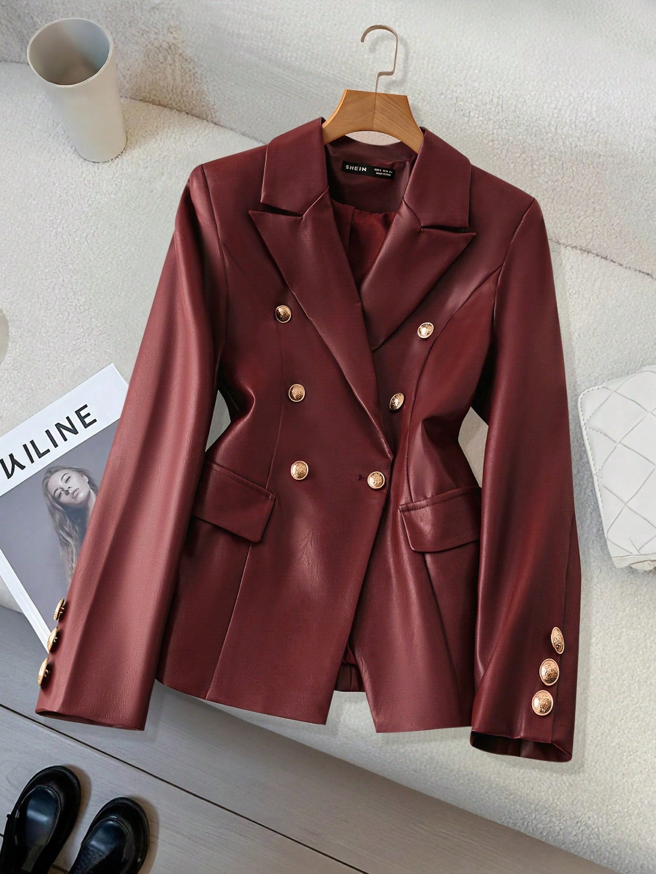 SHEIN Clasi Women's Solid Color Front Button Faux Pocket Simple Casual PU Blazer Jacket Burgundy