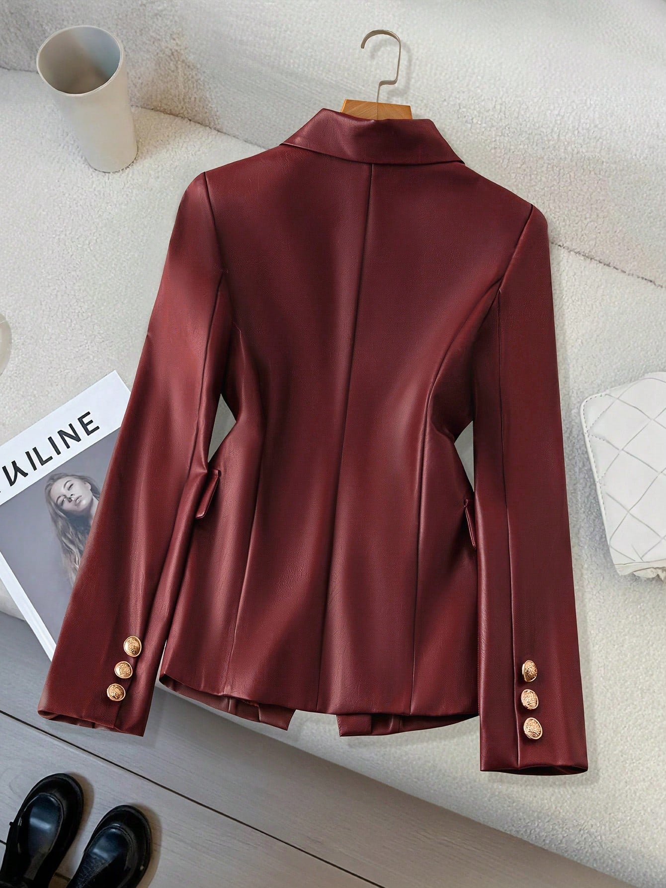 SHEIN Clasi Women's Solid Color Front Button Faux Pocket Simple Casual PU Blazer Jacket Burgundy