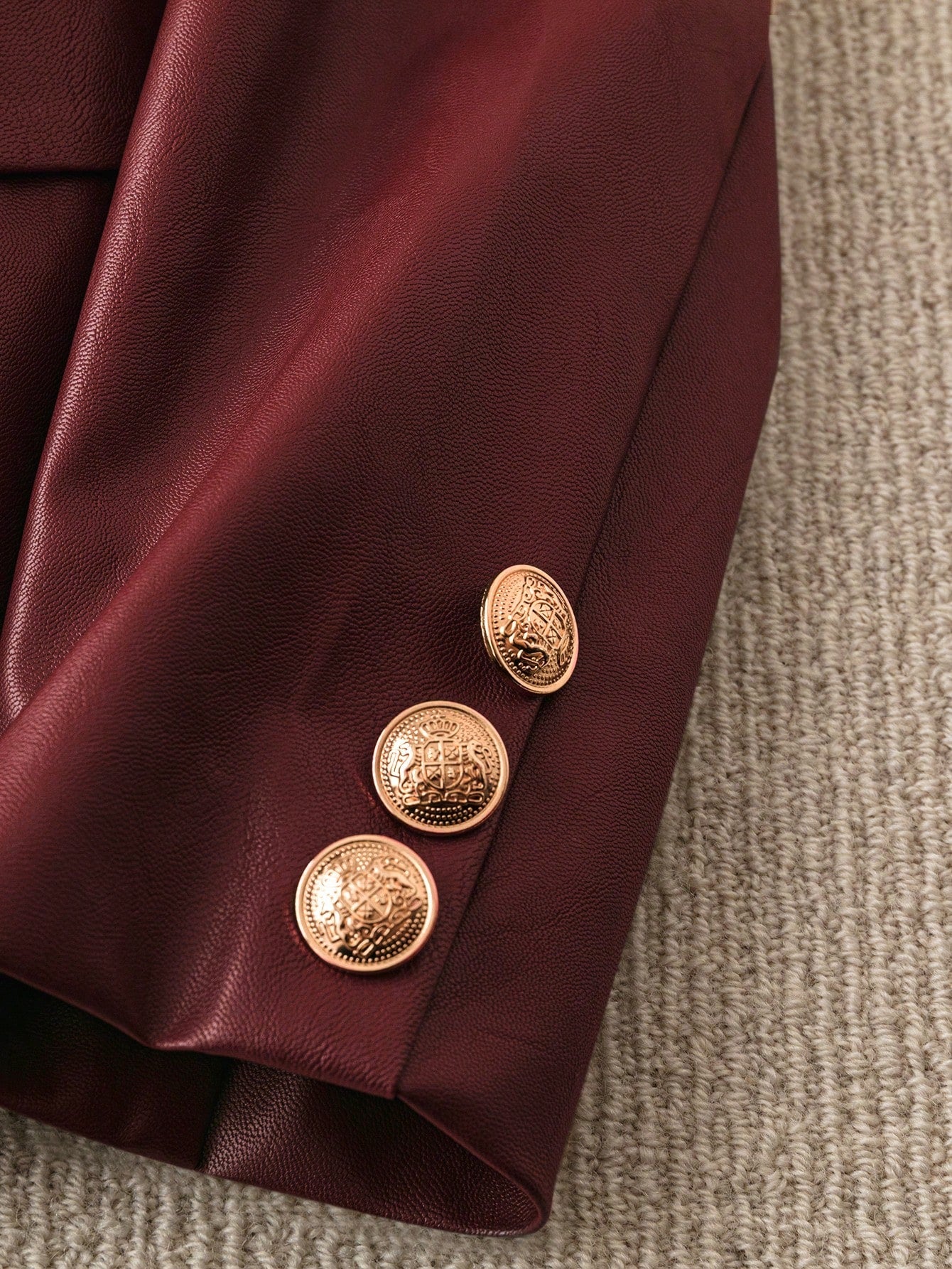 SHEIN Clasi Women's Solid Color Front Button Faux Pocket Simple Casual PU Blazer Jacket Burgundy