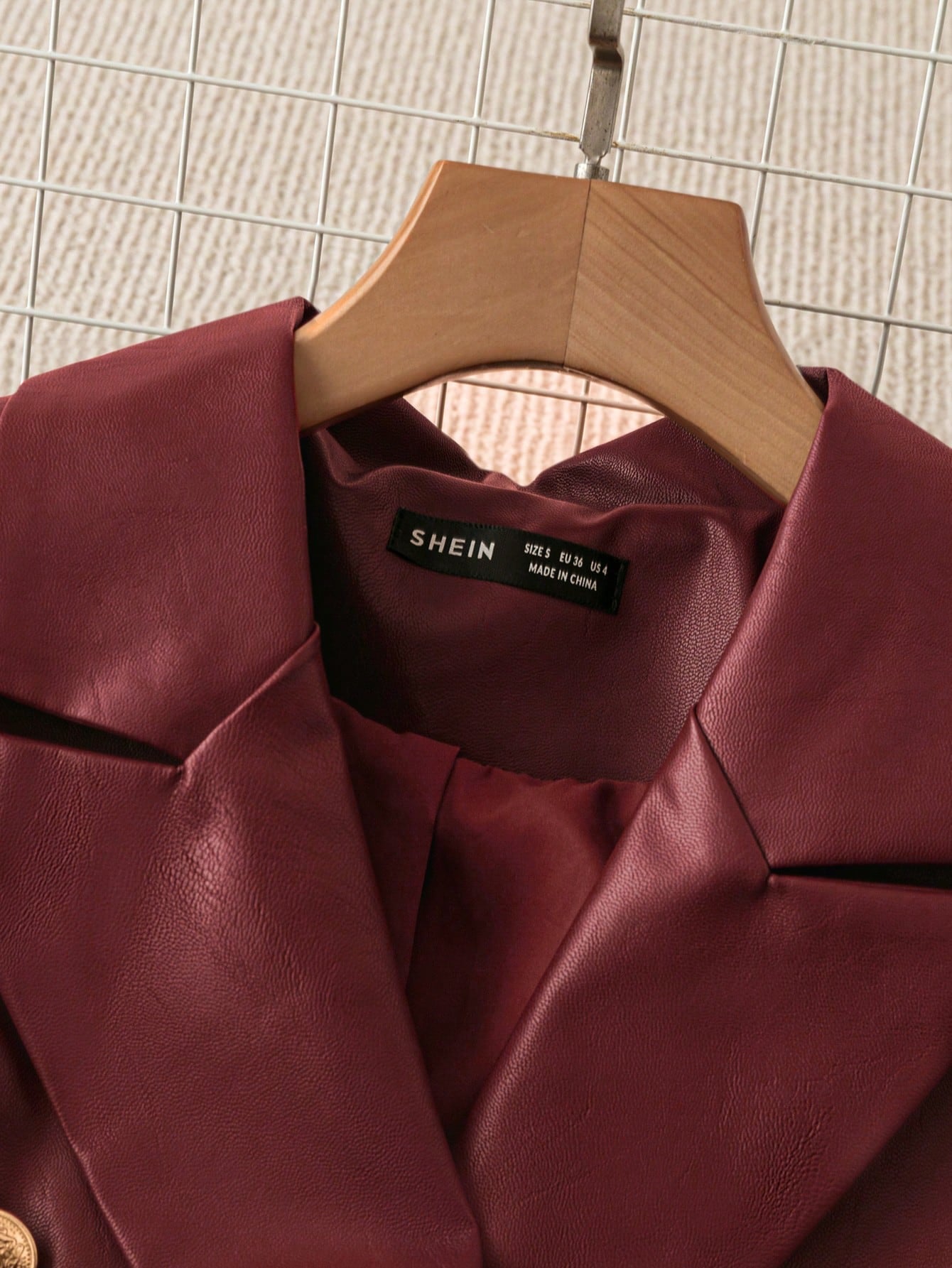SHEIN Clasi Women's Solid Color Front Button Faux Pocket Simple Casual PU Blazer Jacket Burgundy