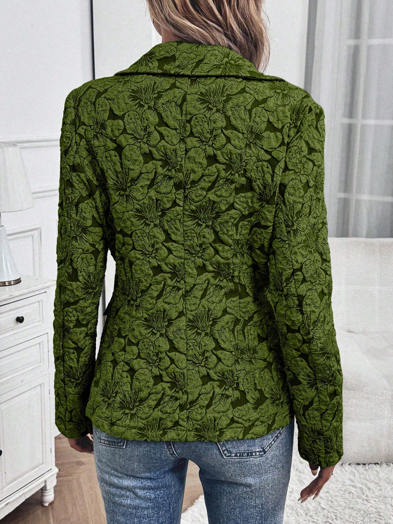 SHEIN Clasi Women Floral Jacquard Lapel Collar Long Sleeve Elegant Blazer Jacket, Autumn Dark Green