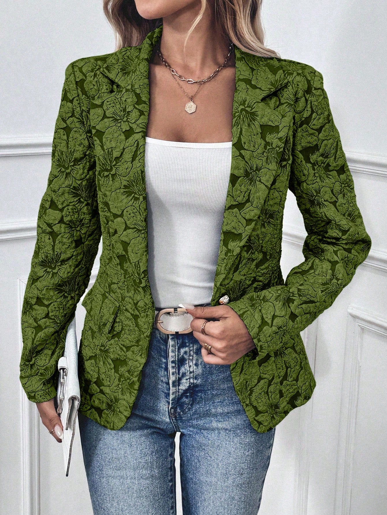 SHEIN Clasi Women Floral Jacquard Lapel Collar Long Sleeve Elegant Blazer Jacket, Autumn Dark Green