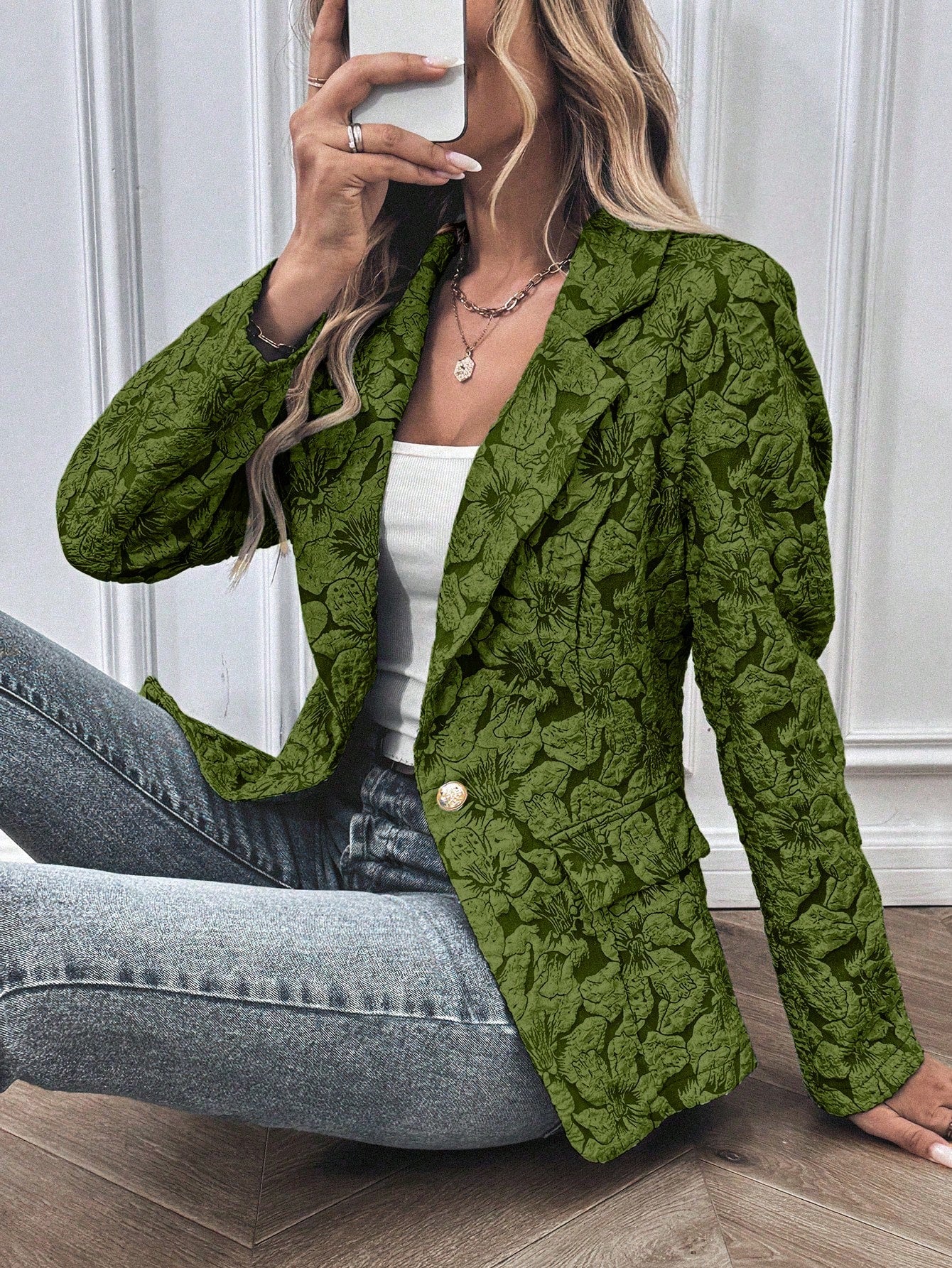 SHEIN Clasi Women Floral Jacquard Lapel Collar Long Sleeve Elegant Blazer Jacket, Autumn Dark Green