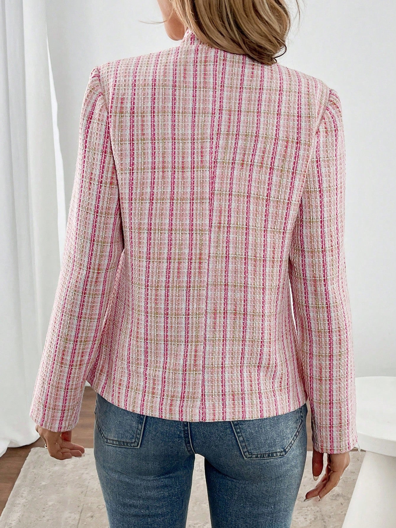 SHEIN Clasi Casual Plaid Tweed Jacket, Autumn Pink