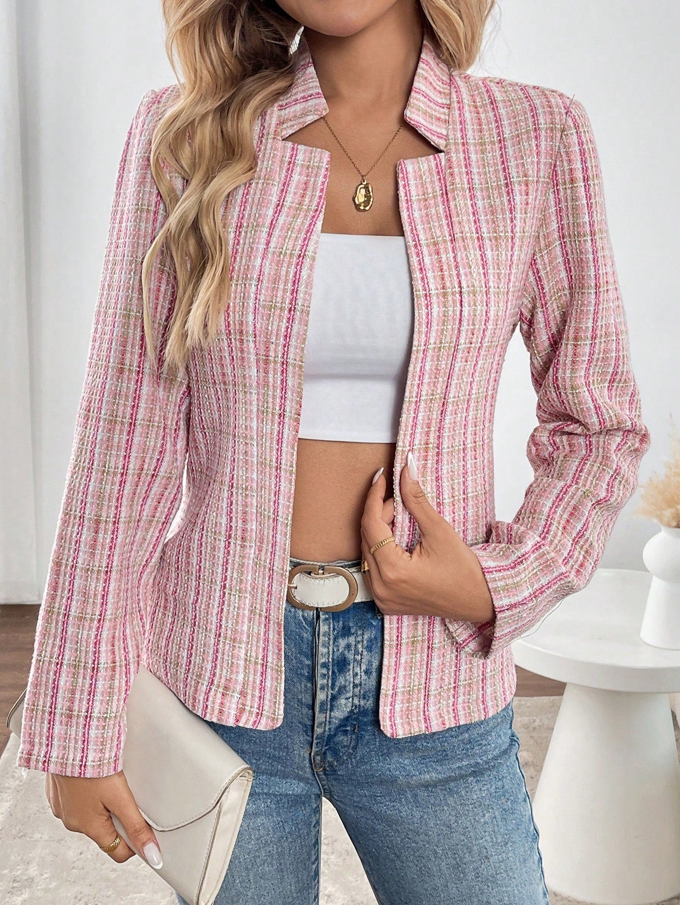SHEIN Clasi Casual Plaid Tweed Jacket, Autumn Pink
