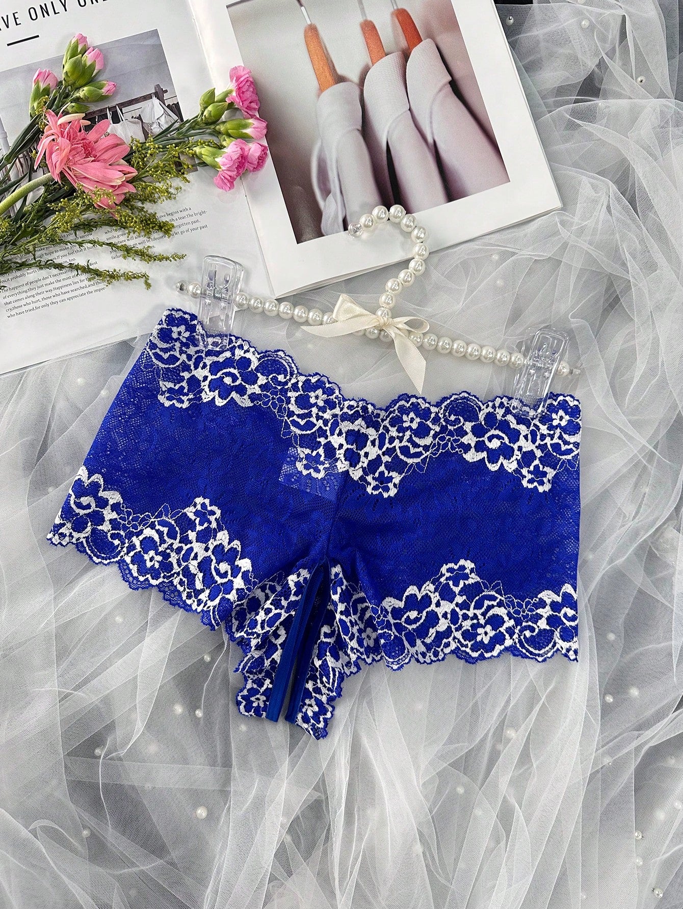 1pc Women's Sexy Lace Crotchless Underwear, Provocative Sheer Panty For Intimate Nights, Suitable For Valentine's, Christmas, Clubbing Navy Blue
