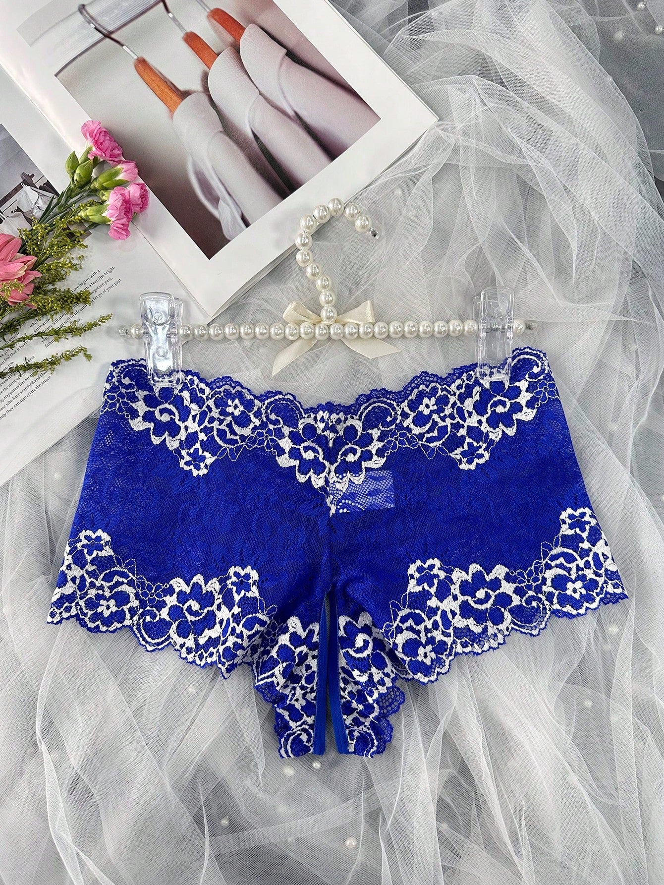 1pc Women's Sexy Lace Crotchless Underwear, Provocative Sheer Panty For Intimate Nights, Suitable For Valentine's, Christmas, Clubbing Navy Blue