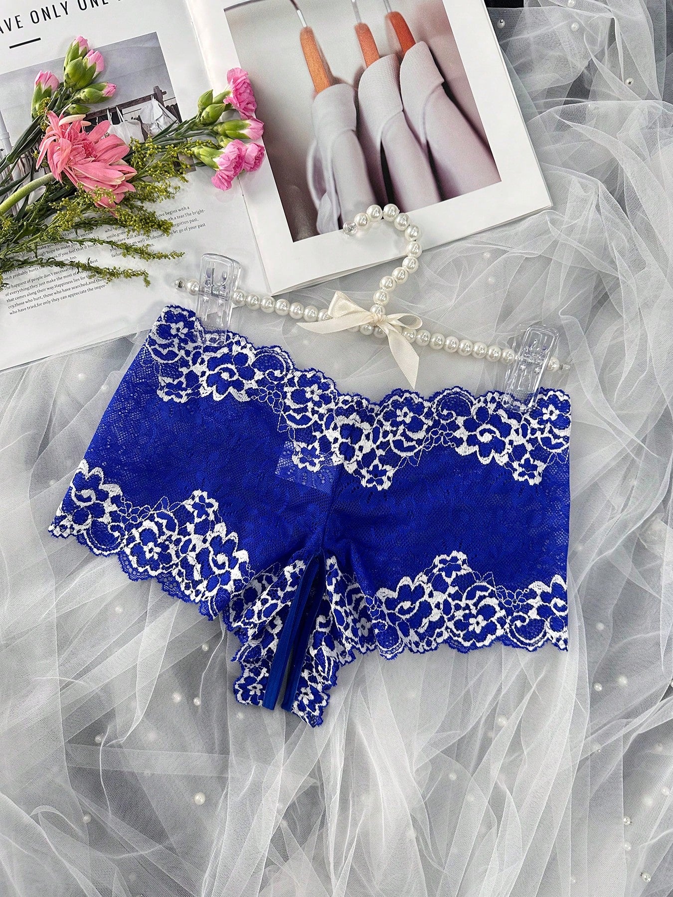 1pc Women's Sexy Lace Crotchless Underwear, Provocative Sheer Panty For Intimate Nights, Suitable For Valentine's, Christmas, Clubbing Navy Blue