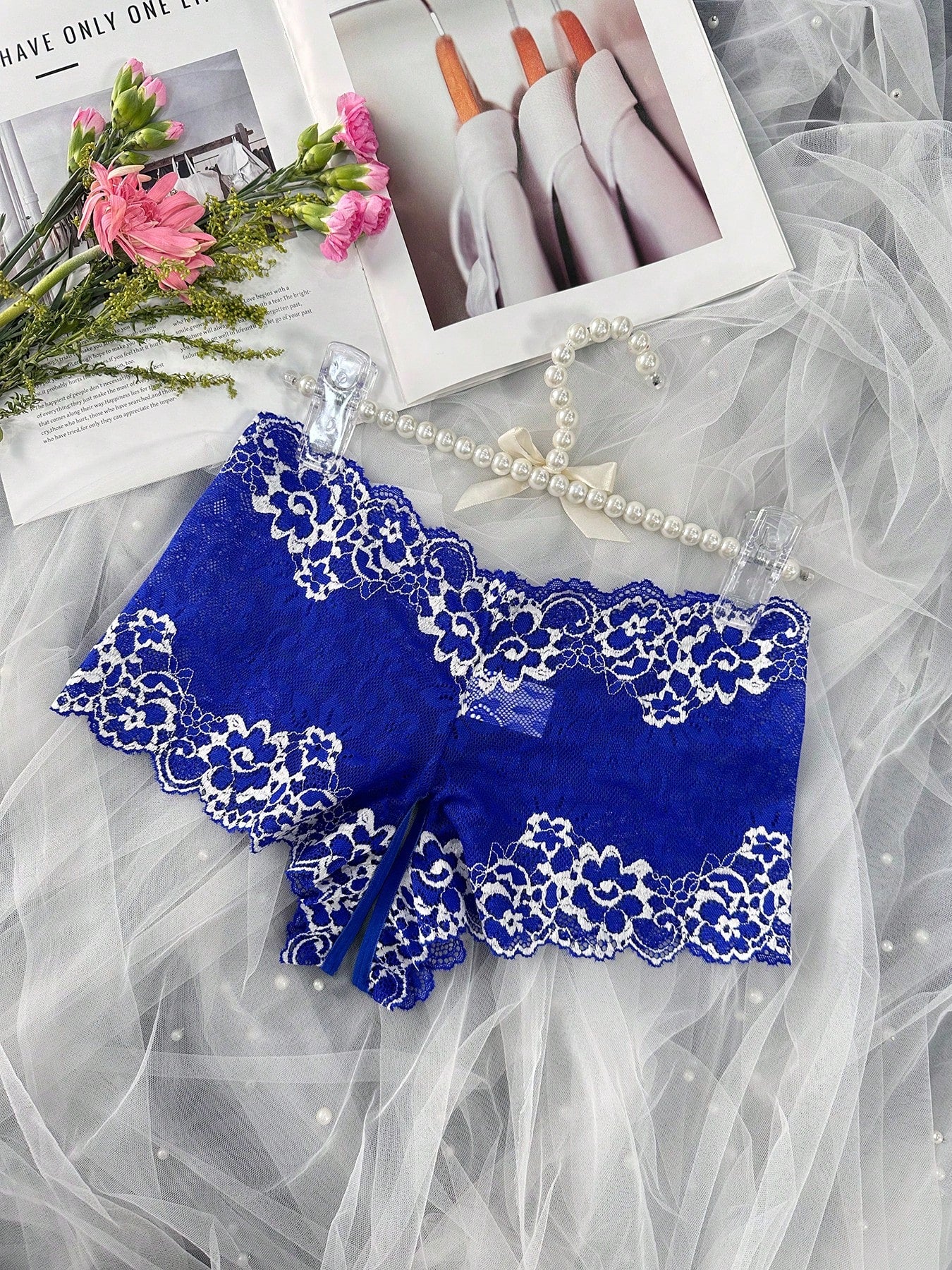 1pc Women's Sexy Lace Crotchless Underwear, Provocative Sheer Panty For Intimate Nights, Suitable For Valentine's, Christmas, Clubbing Navy Blue