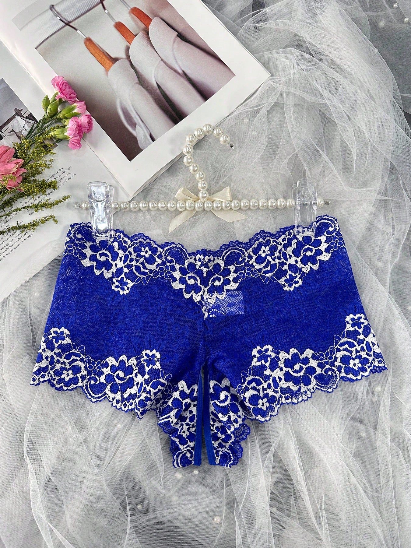 1pc Women's Sexy Lace Crotchless Underwear, Provocative Sheer Panty For Intimate Nights, Suitable For Valentine's, Christmas, Clubbing Navy Blue