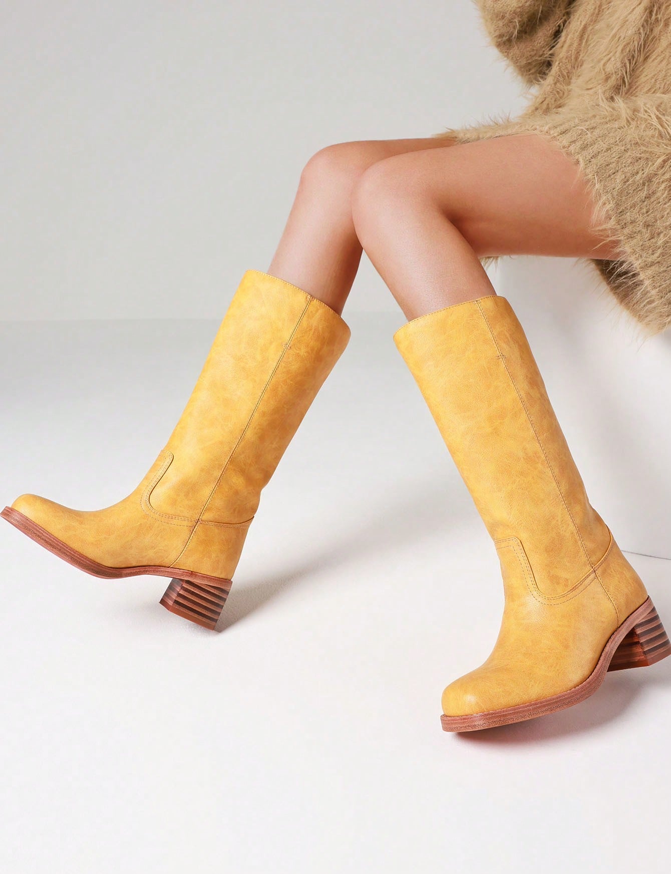 Women's Knee High Boots Wide Calf Boots Square Toe Chunky Block Heel Long Boots Pull On Riding Boots Knight Boots Casual Comfortable Low Heel Womens Boots Yellow