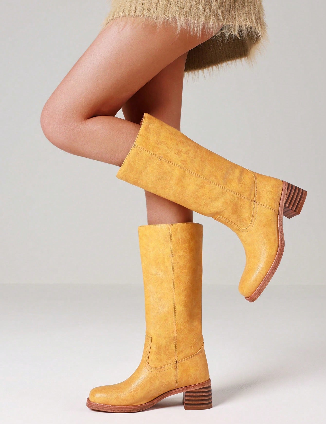 Women's Knee High Boots Wide Calf Boots Square Toe Chunky Block Heel Long Boots Pull On Riding Boots Knight Boots Casual Comfortable Low Heel Womens Boots Yellow