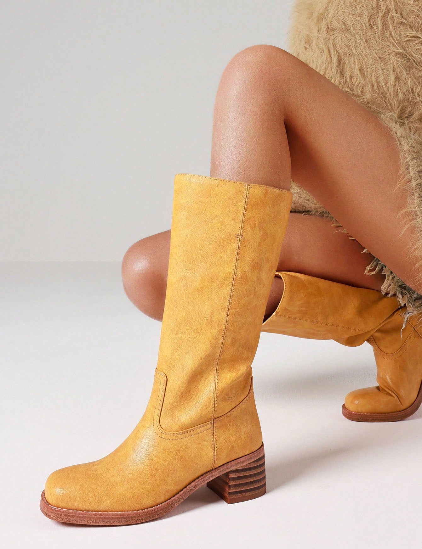 Women's Knee High Boots Wide Calf Boots Square Toe Chunky Block Heel Long Boots Pull On Riding Boots Knight Boots Casual Comfortable Low Heel Womens Boots Yellow