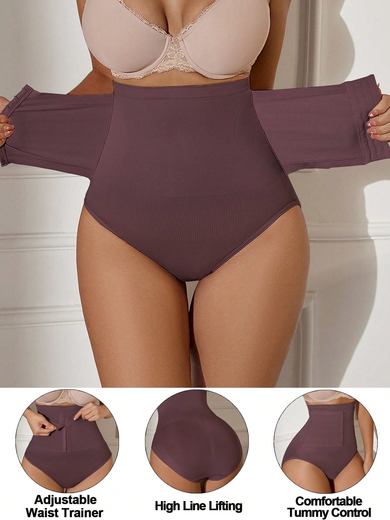 1pc Seamless High Waisted Tummy Control Butt Lifting Shapewear Panty With Front Crotch Snap Closure Lilac Purple