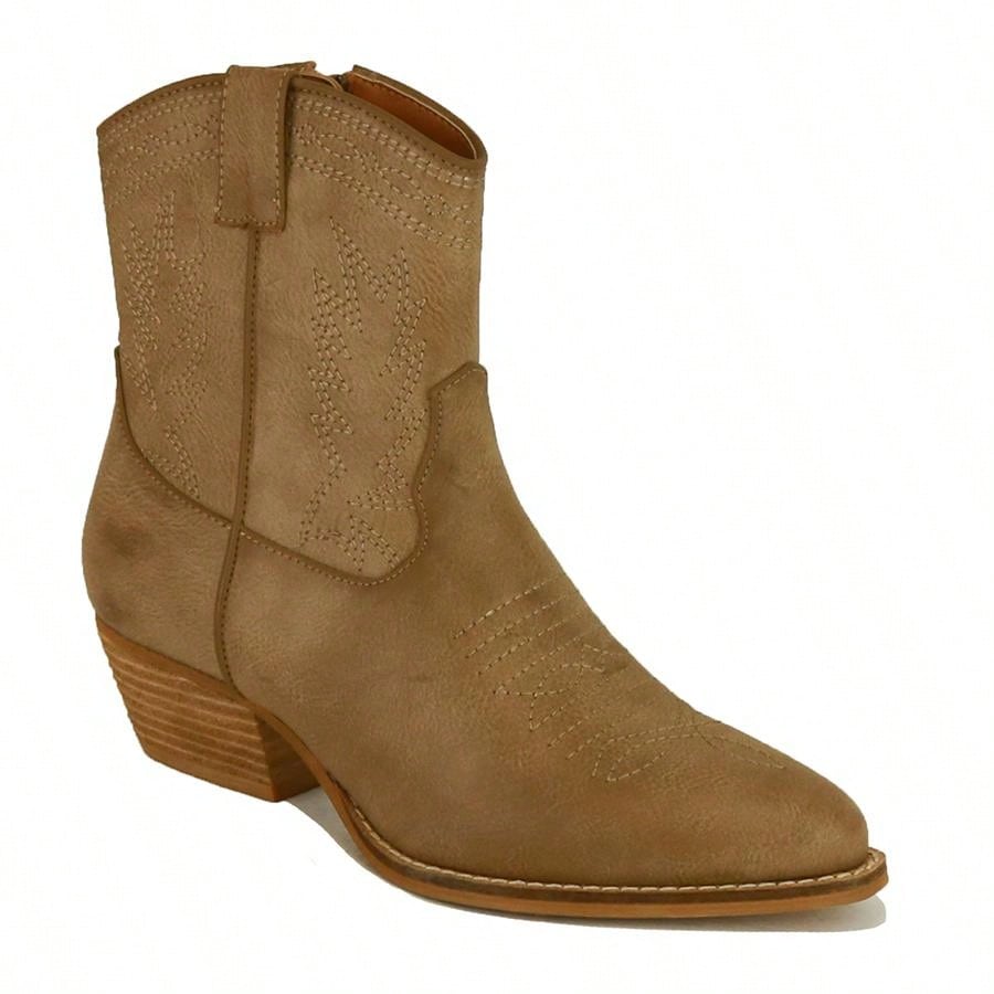 Western-Inspired Boot With Intricate Stitching Taupe