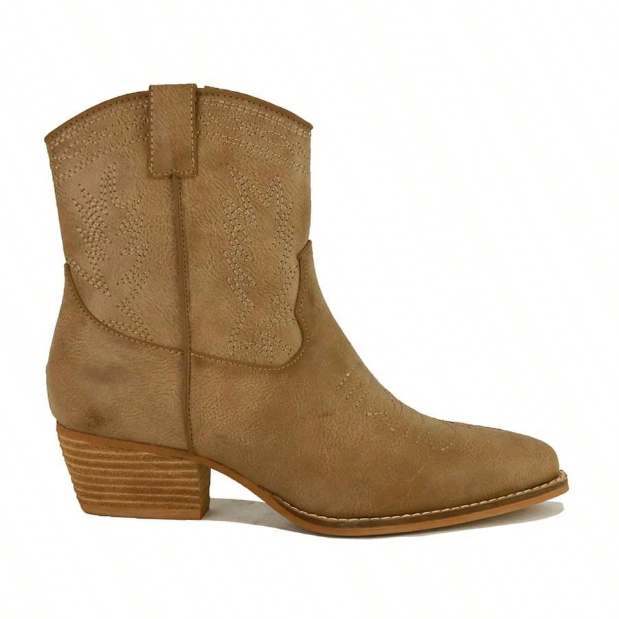 Western-Inspired Boot With Intricate Stitching Taupe