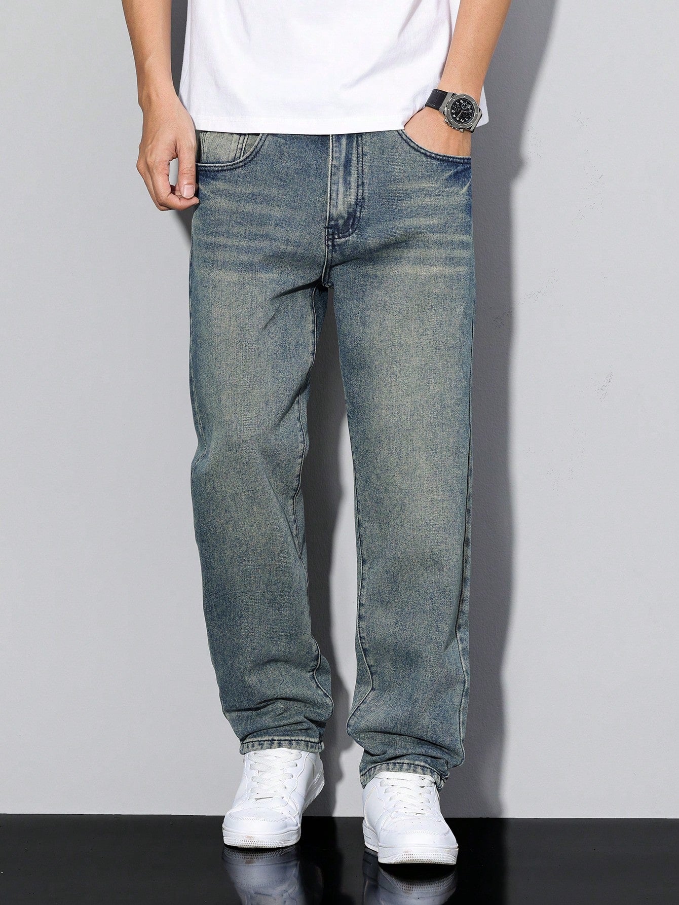 Manfinity Homme Men's Straight Loose Casual Versatile Jeans With Pockets Blue