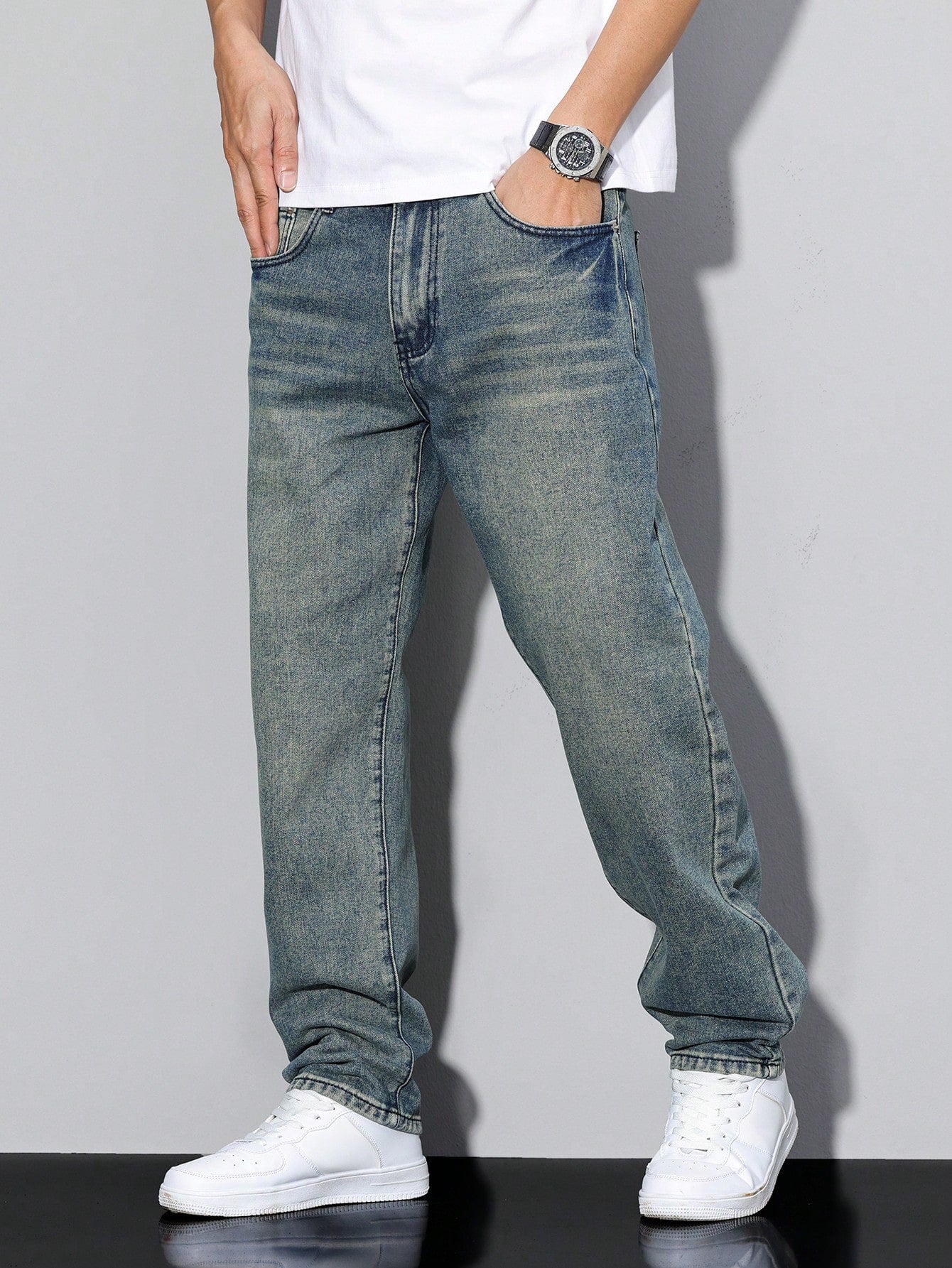 Manfinity Homme Men's Straight Loose Casual Versatile Jeans With Pockets Blue