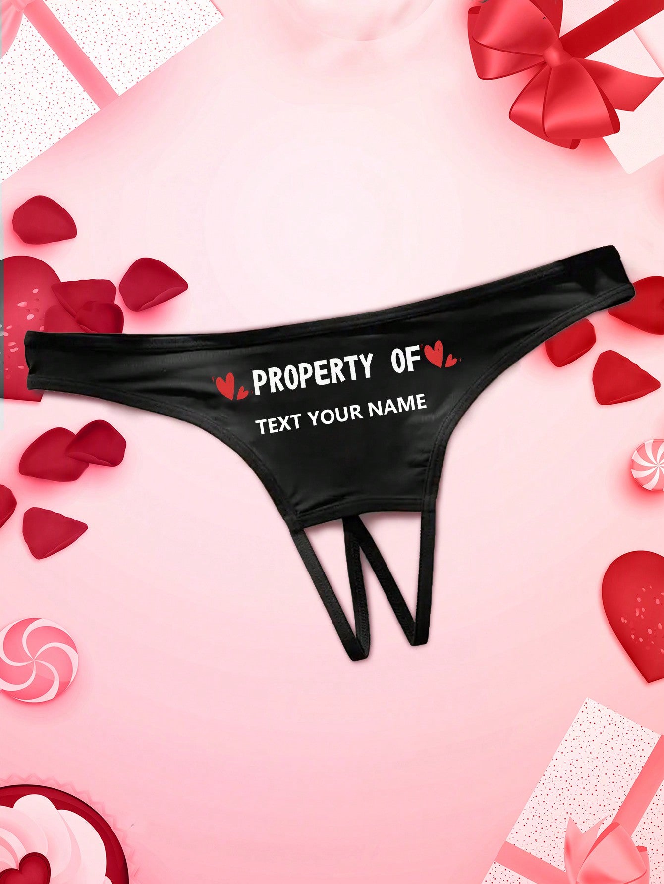 Women's Sexy Backless Custom Name/Letter Printed Thong Panties, Personalized Intimate Lingerie Black