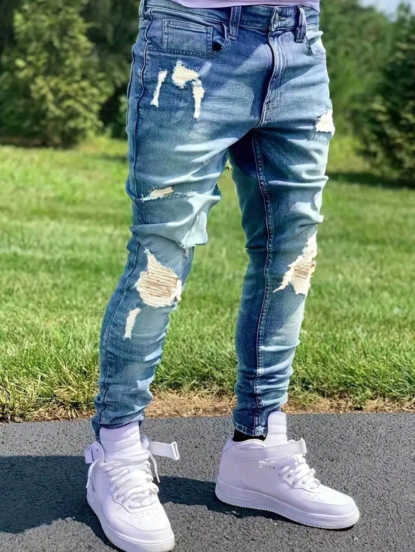 Men's Fashionable Casual Distressed Washed Skinny Fit Jeans Blue