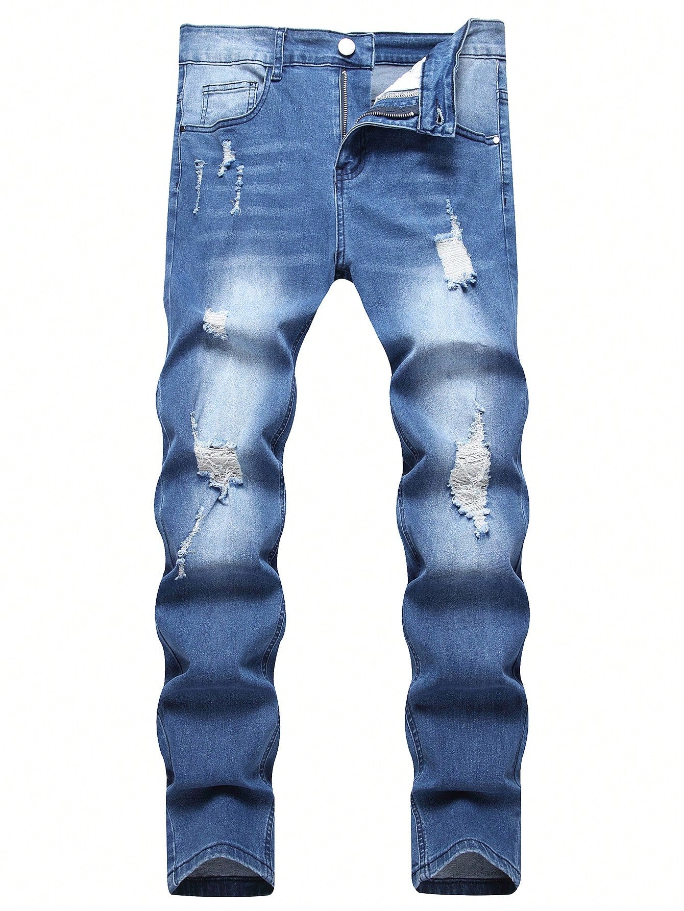 Men's Fashionable Casual Distressed Washed Skinny Fit Jeans Blue