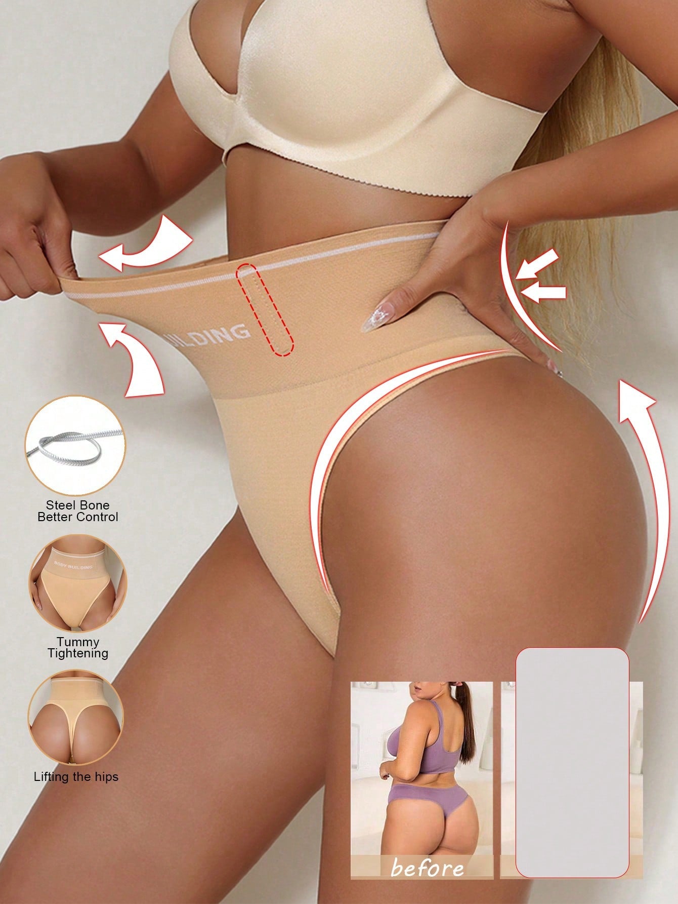 Women High Waist Seamless G-String Body Shaper Briefs Underwear Tummy Control Shapewear Slimmer Comfort Elastic Panty Shapers Lingerie Apricot