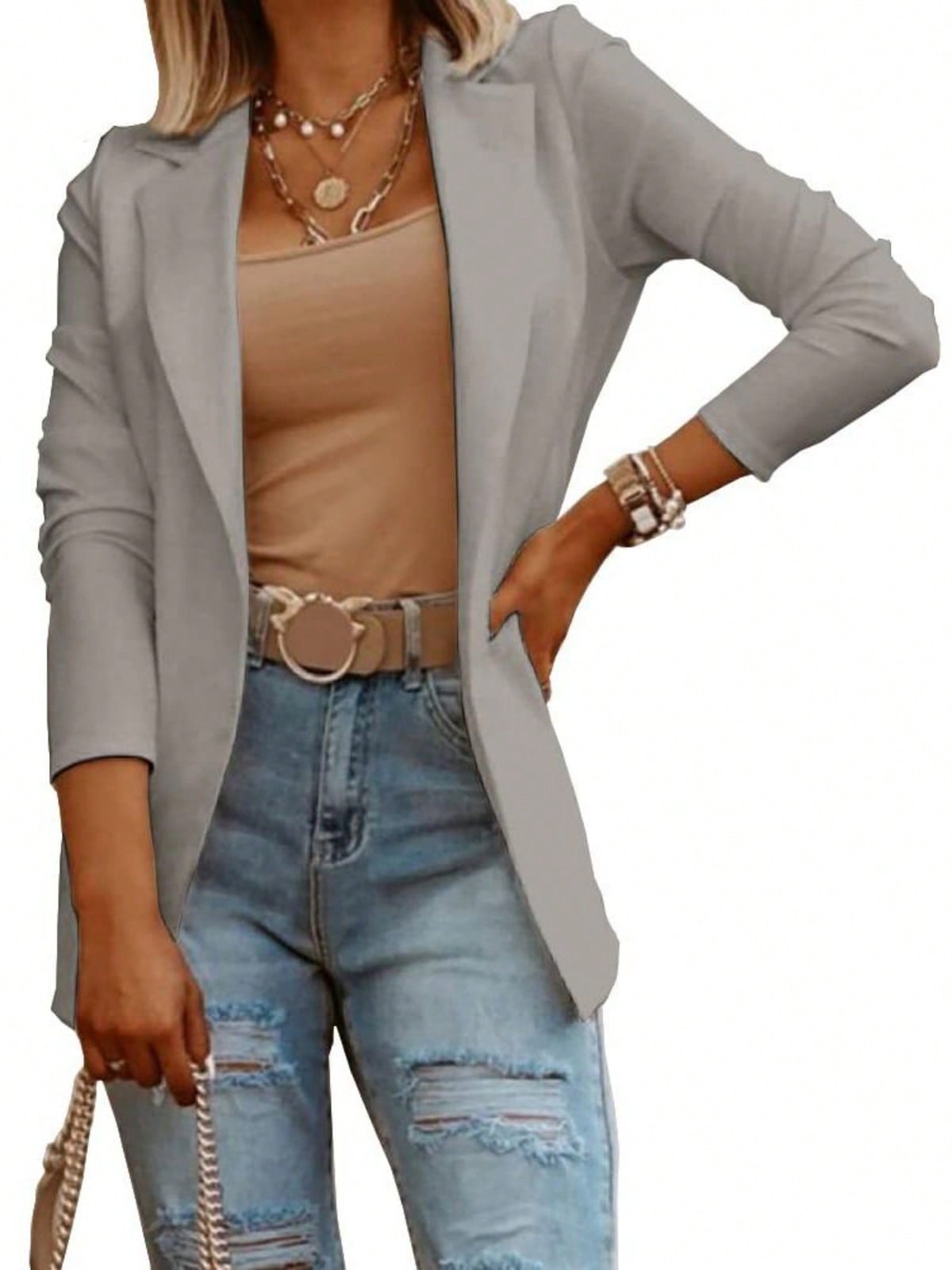 LuxeLayers Women's Casual Long Sleeve Knit Blazer Solid Color Open Front Jacket For Work Office Grey