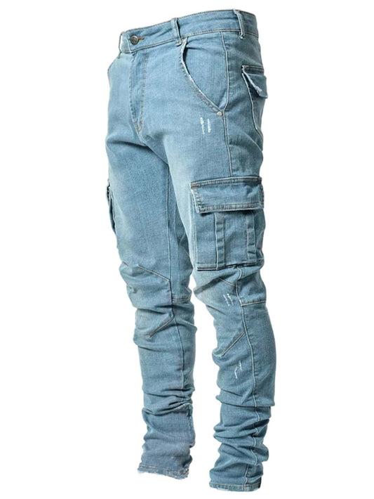 ROMWE Men Cotton Pocket Detail Stacked Jeans Light Wash