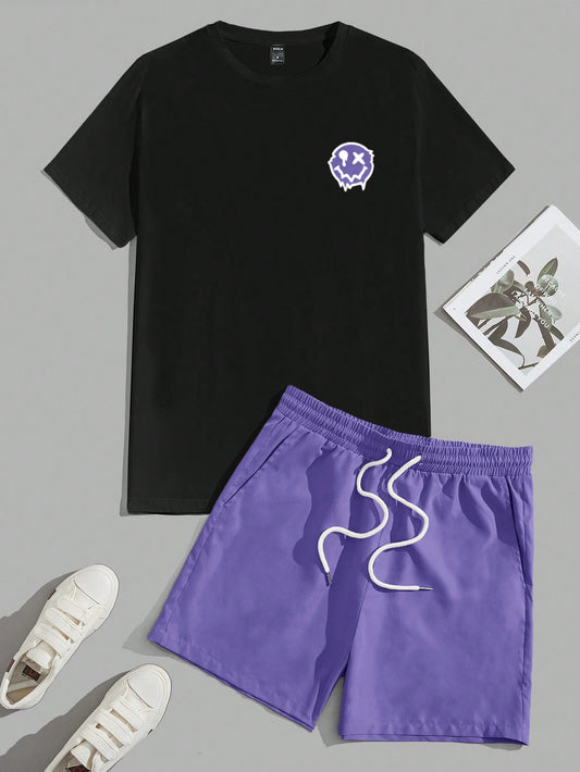 Manfinity UrbanChill Men Cartoon Graphic Tee & Drawstring Waist Shorts Violet Purple