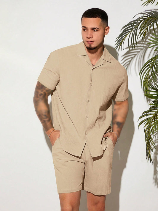 Manfinity VCAY Loose Fit Men's Solid Color Button Front Shirt & Shorts Set Khaki